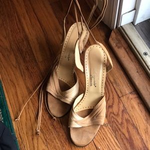 Dezario tan leather and suede leaf wrap heels 11